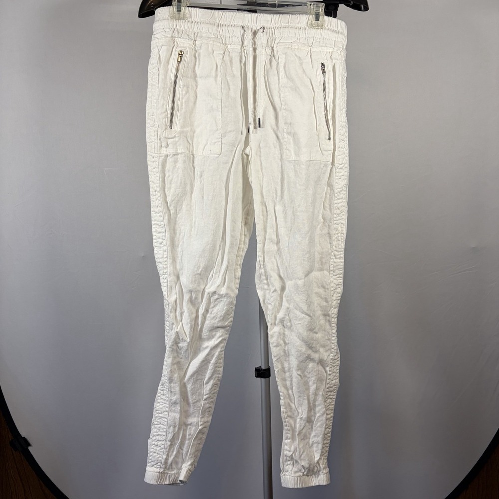 Athleta 8T White Cabo 100% Linen Jogger High Rise Zip Pocket Yoga Pants Women's